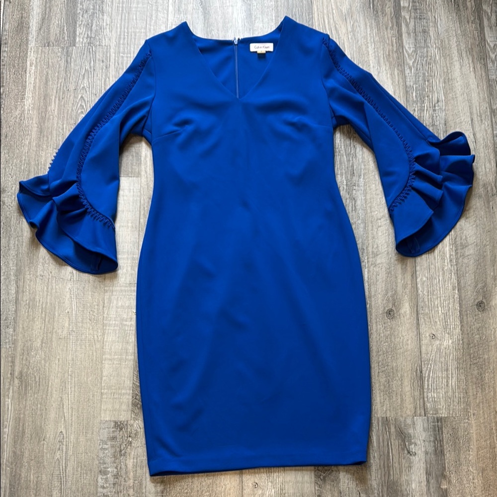 Calvin Klein Blue Sheath Dress with Bell Sleeves